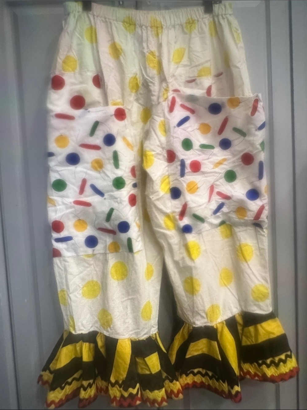 Clown Bloomers Circus Costume Ruffle, Patch Pocket Sprinkle Polka Dots Pants